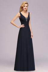 Modest Chiffon V-Neck Long Bridesmaid Dress Online with Beadings-Babyonlines