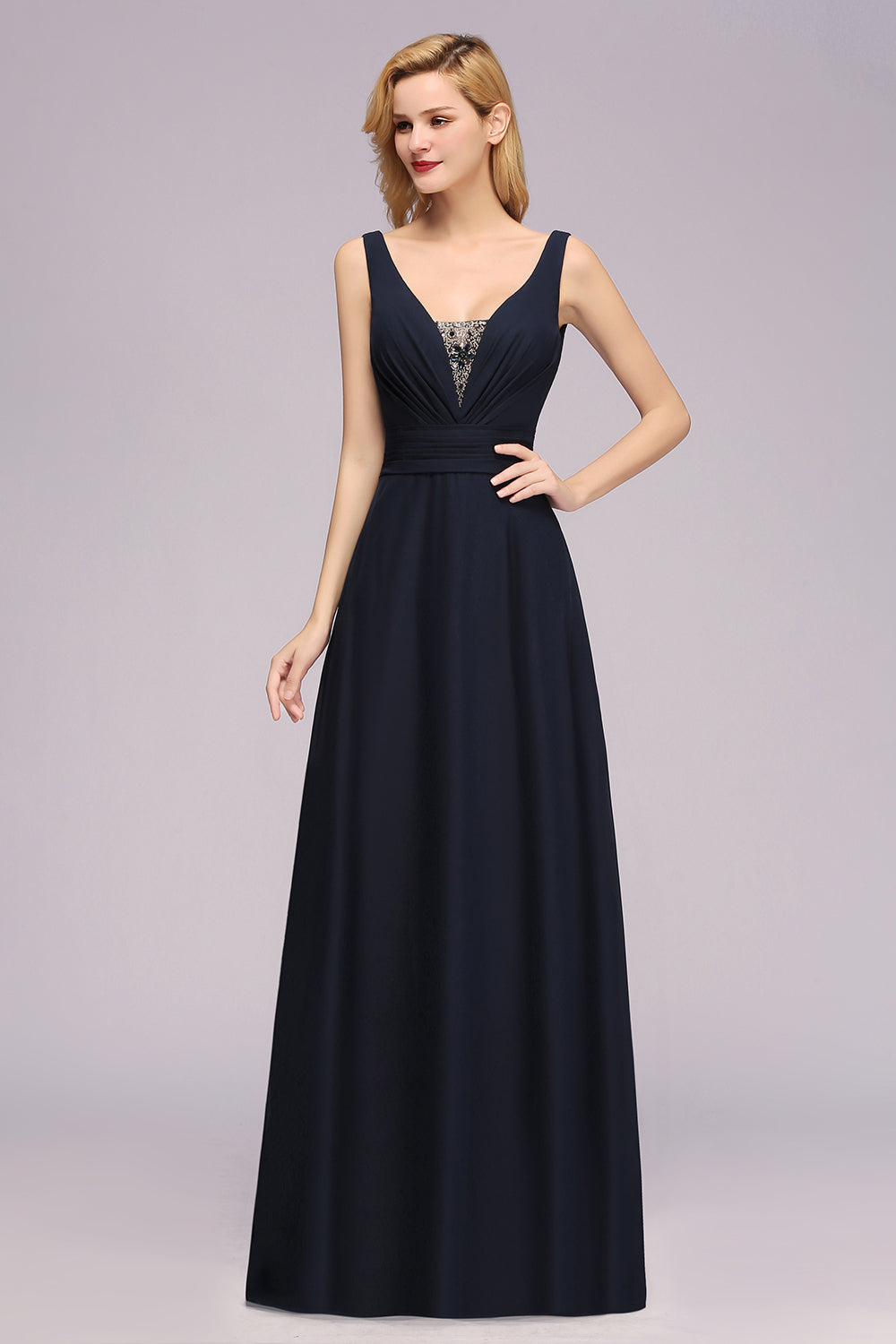 Modest Chiffon V-Neck Long Bridesmaid Dress Online with Beadings-Babyonlines