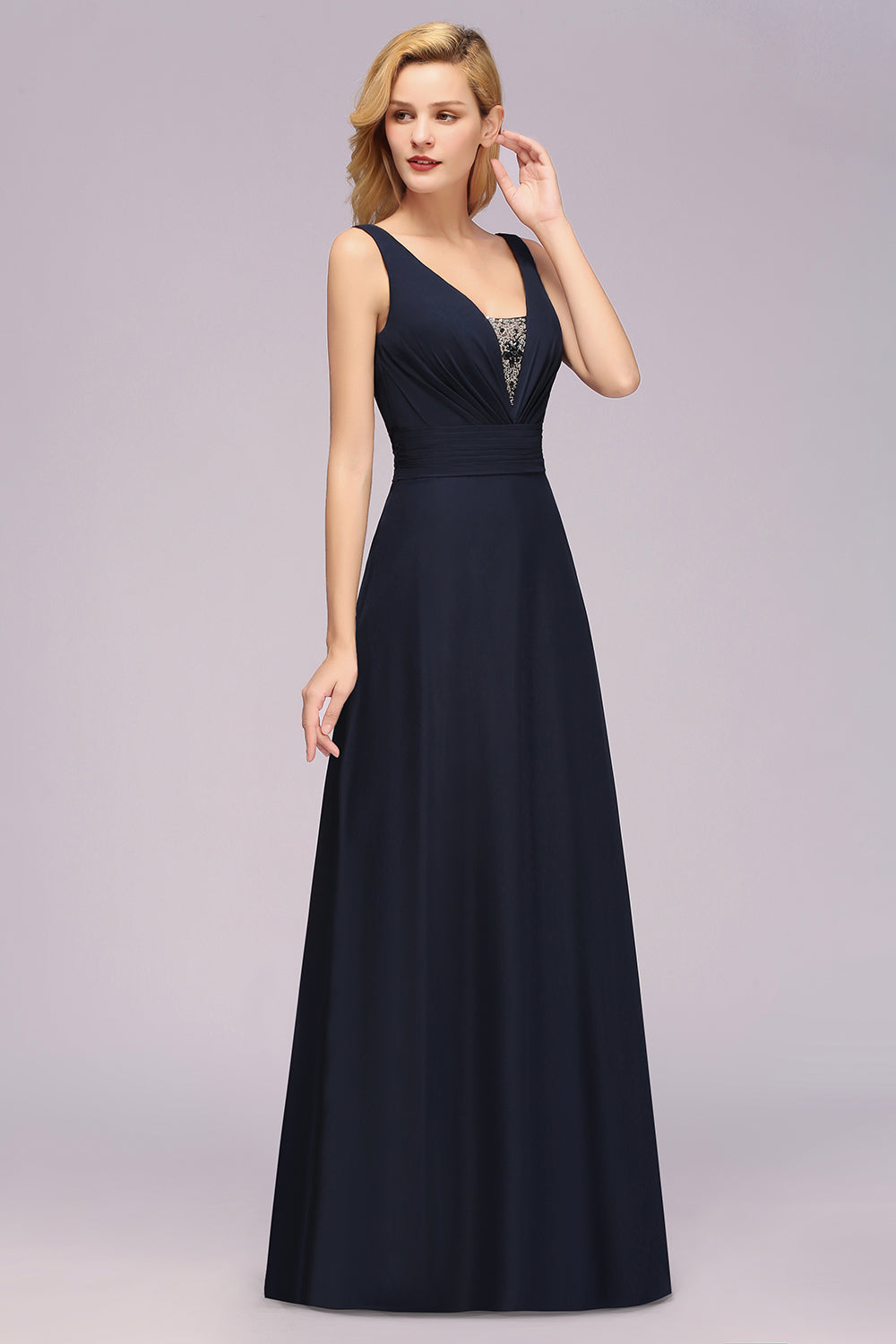 Modest Chiffon V-Neck Long Bridesmaid Dress Online with Beadings-Babyonlines