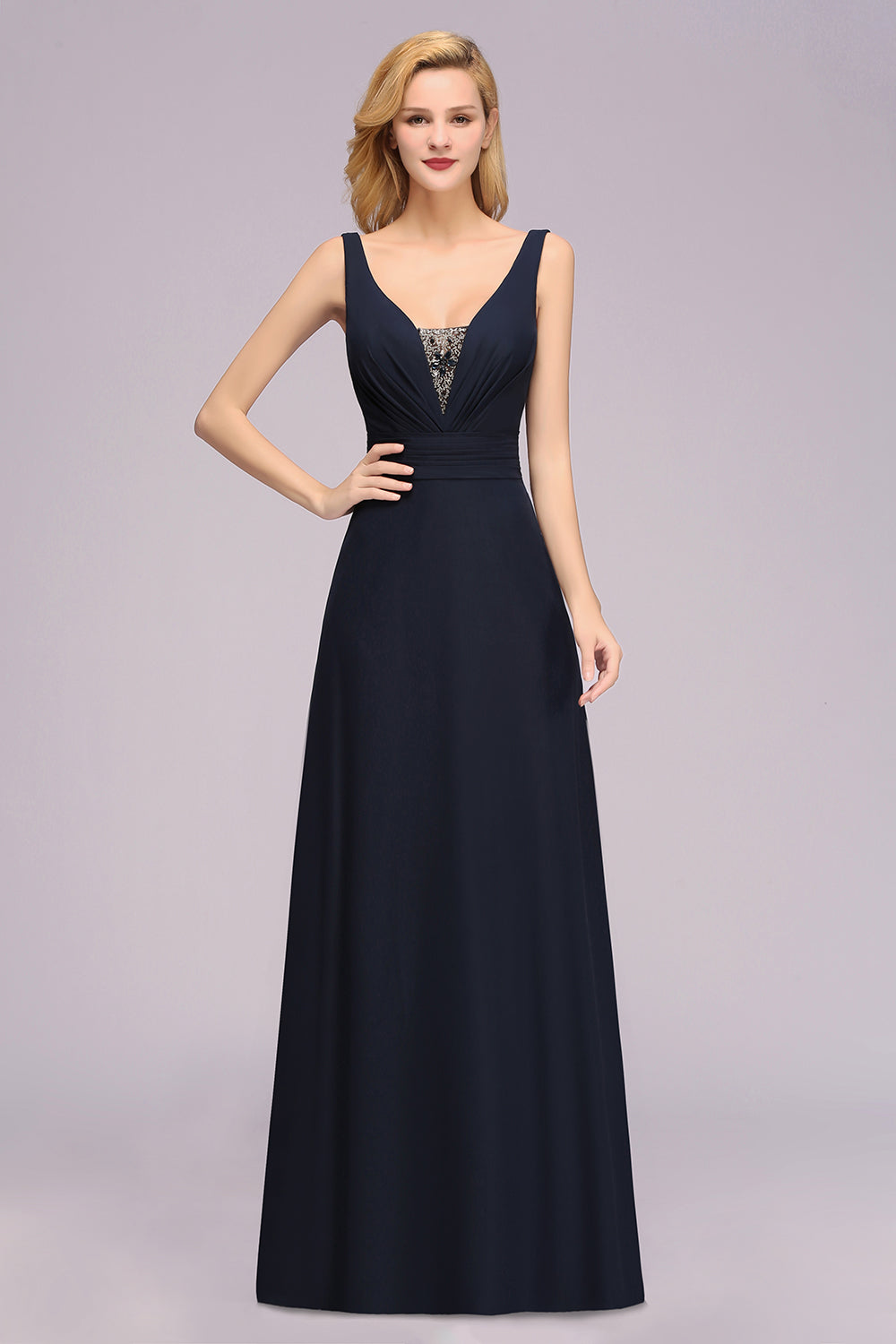 Modest Chiffon V-Neck Long Bridesmaid Dress Online with Beadings-Babyonlines