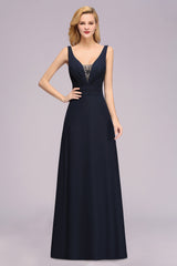 Modest Chiffon V-Neck Long Bridesmaid Dress Online with Beadings-Babyonlines