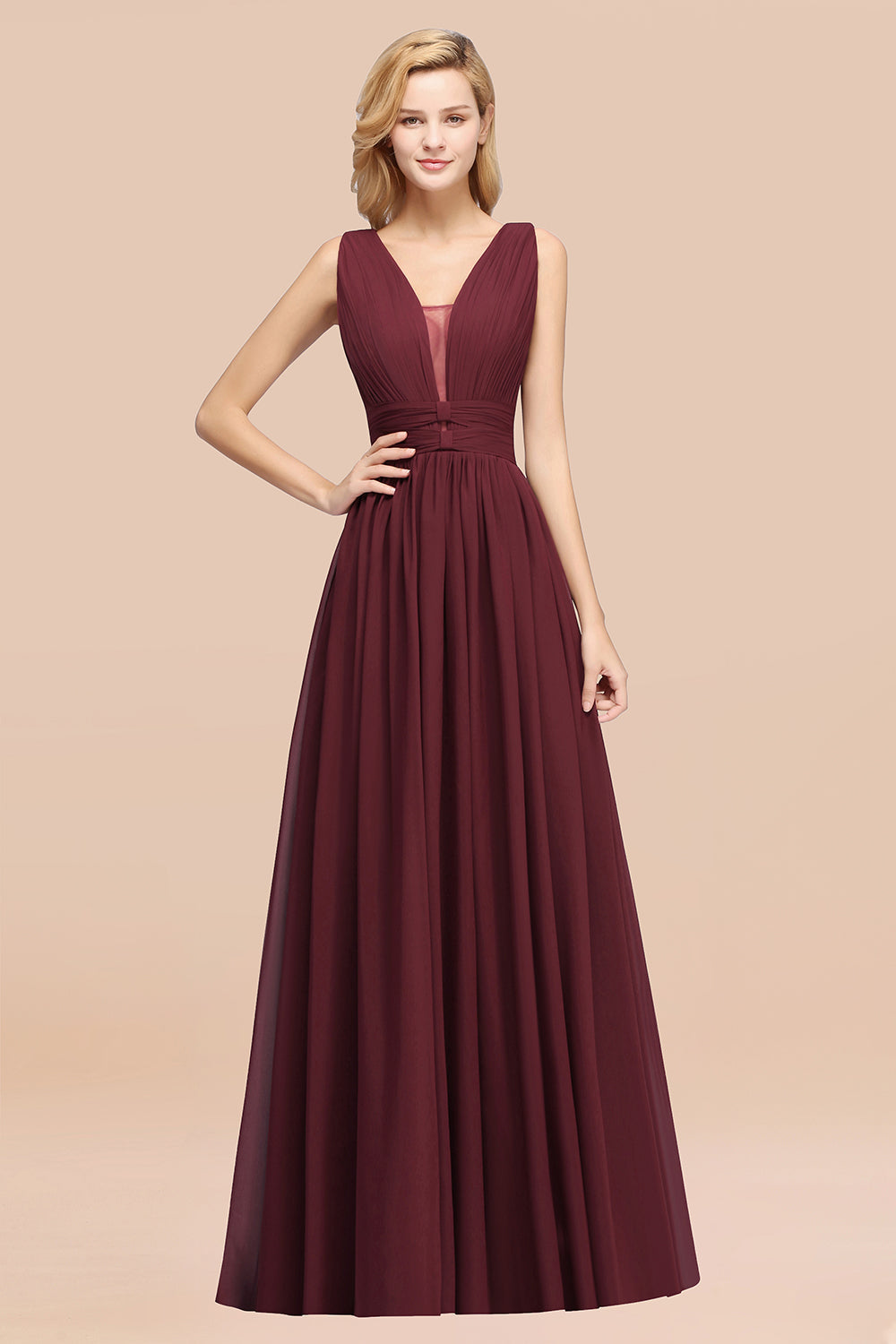 Modest Dark Green Long Bridesmaid Dress Deep V-Neck Chiffon Maid of Honor Dress-Babyonlines