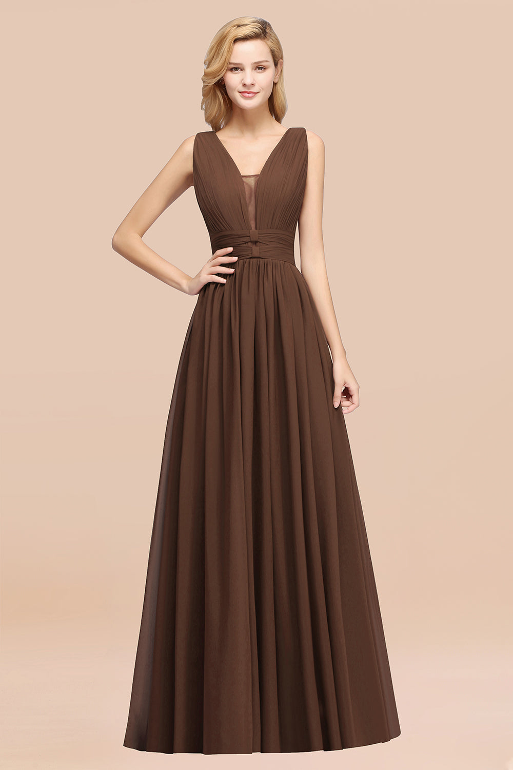 Modest Dark Green Long Bridesmaid Dress Deep V-Neck Chiffon Maid of Honor Dress-Babyonlines