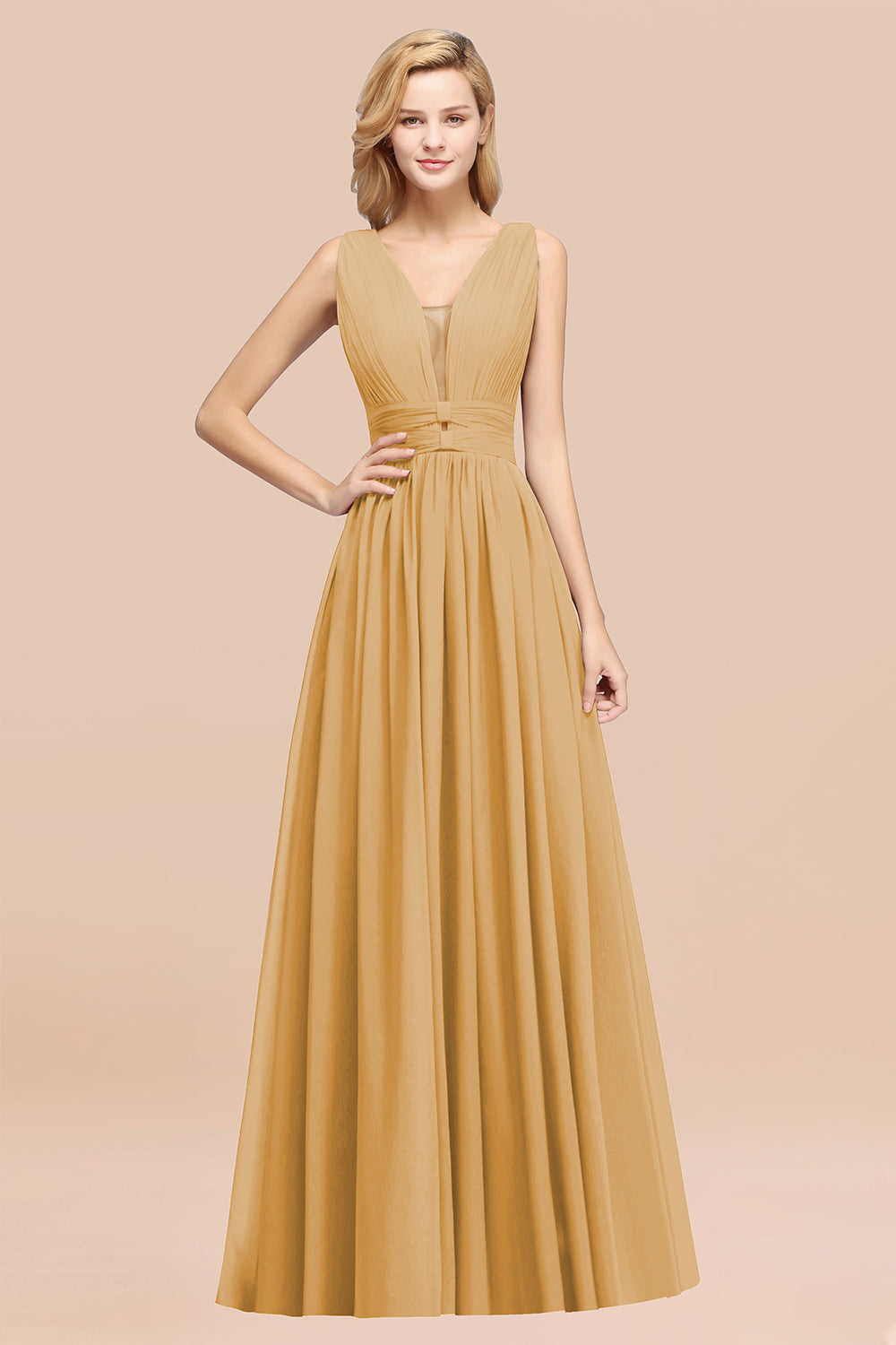 Modest Dark Green Long Bridesmaid Dress Deep V-Neck Chiffon Maid of Honor Dress-Babyonlines