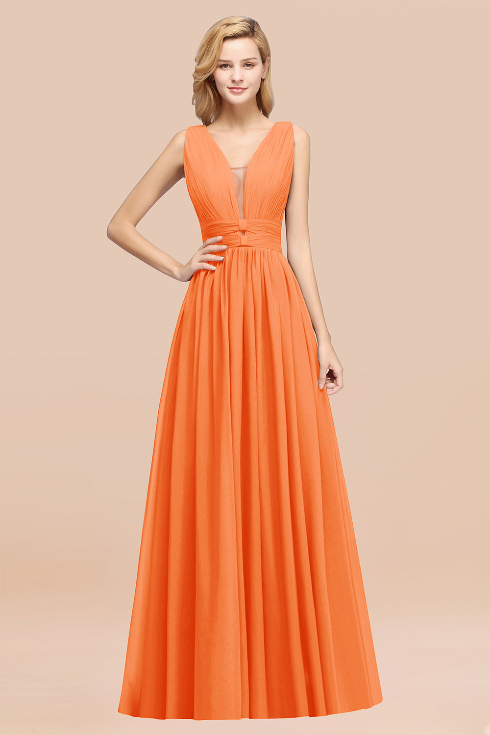 Modest Dark Green Long Bridesmaid Dress Deep V-Neck Chiffon Maid of Honor Dress-Babyonlines