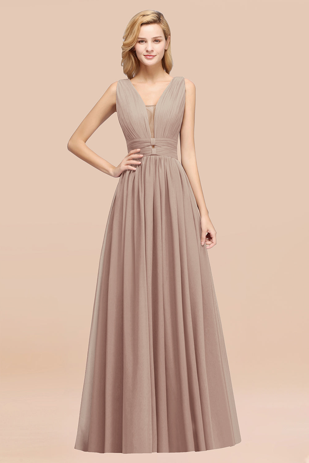 Modest Dark Green Long Bridesmaid Dress Deep V-Neck Chiffon Maid of Honor Dress-Babyonlines