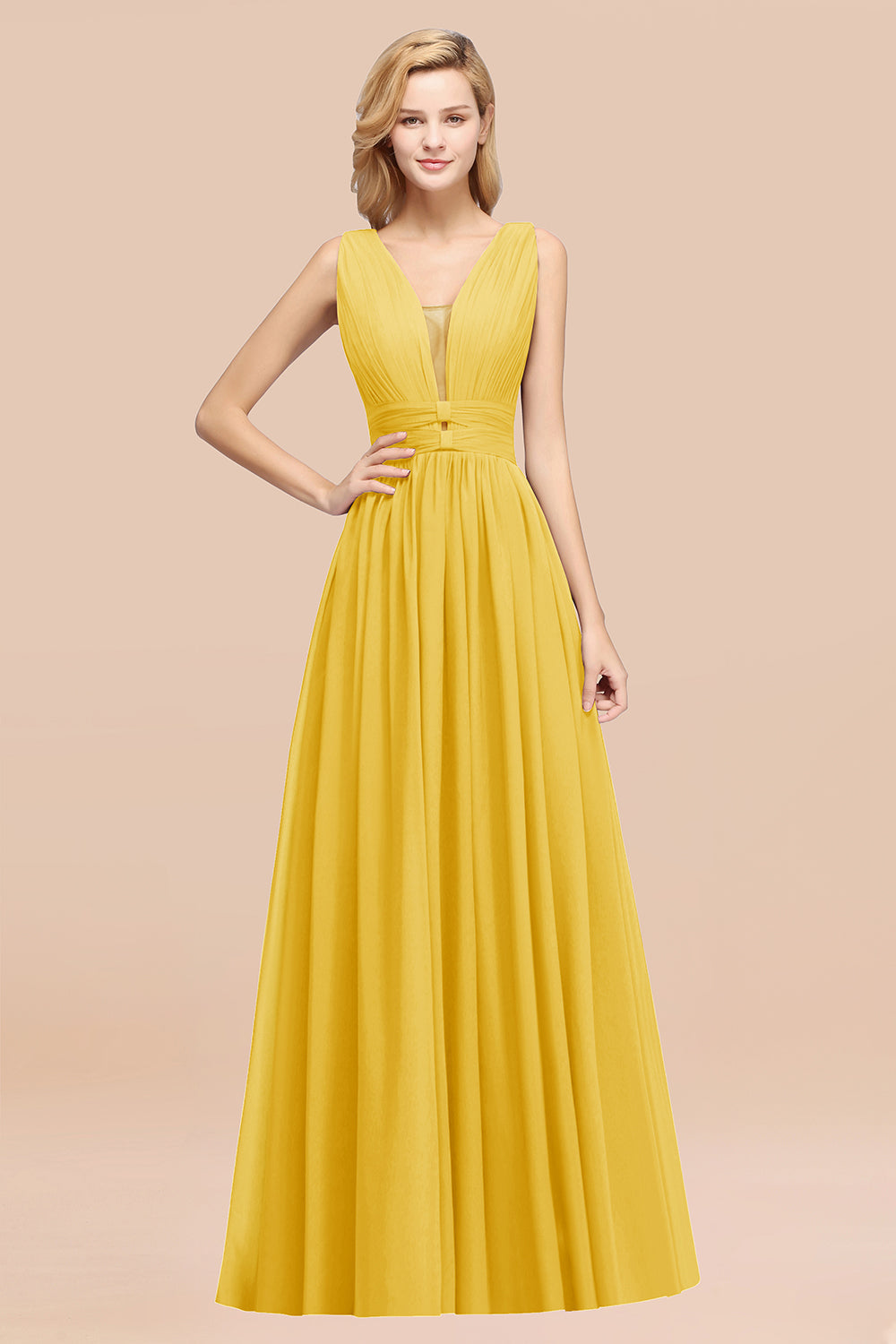 Modest Dark Green Long Bridesmaid Dress Deep V-Neck Chiffon Maid of Honor Dress-Babyonlines