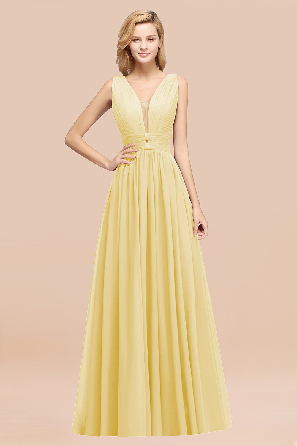 Modest Dark Green Long Bridesmaid Dress Deep V-Neck Chiffon Maid of Honor Dress-Babyonlines