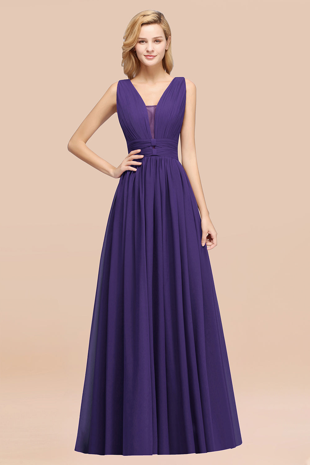 Modest Dark Green Long Bridesmaid Dress Deep V-Neck Chiffon Maid of Honor Dress-Babyonlines