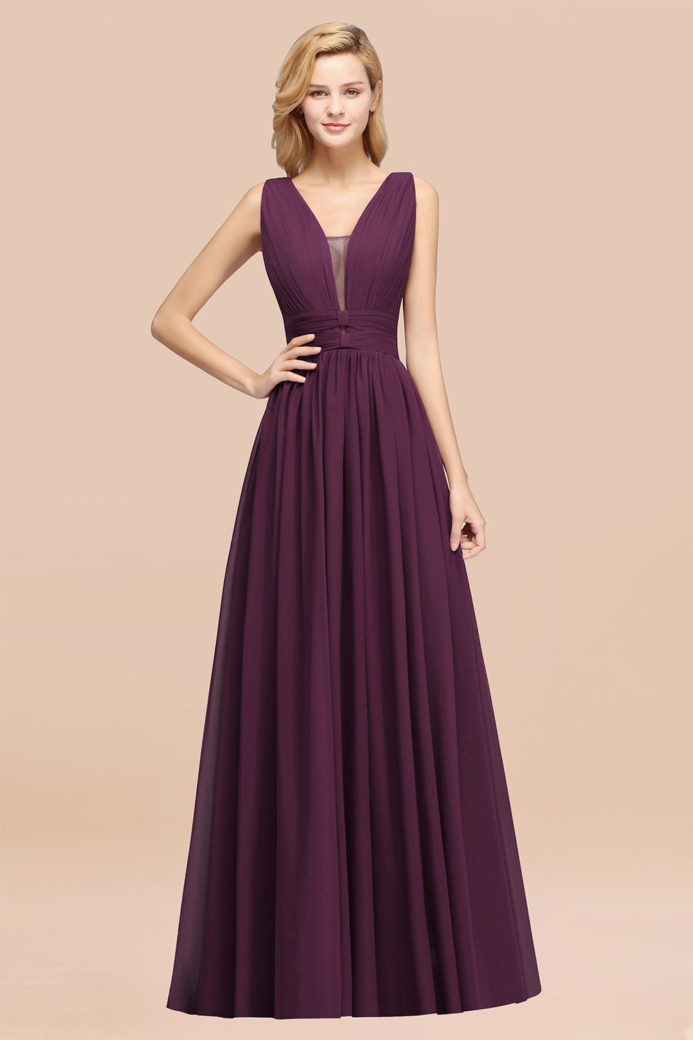 Modest Dark Green Long Bridesmaid Dress Deep V-Neck Chiffon Maid of Honor Dress-Babyonlines