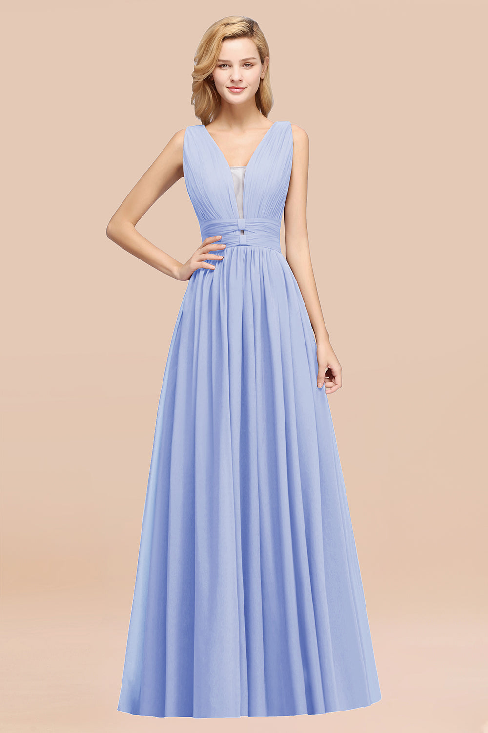 Modest Dark Green Long Bridesmaid Dress Deep V-Neck Chiffon Maid of Honor Dress-Babyonlines