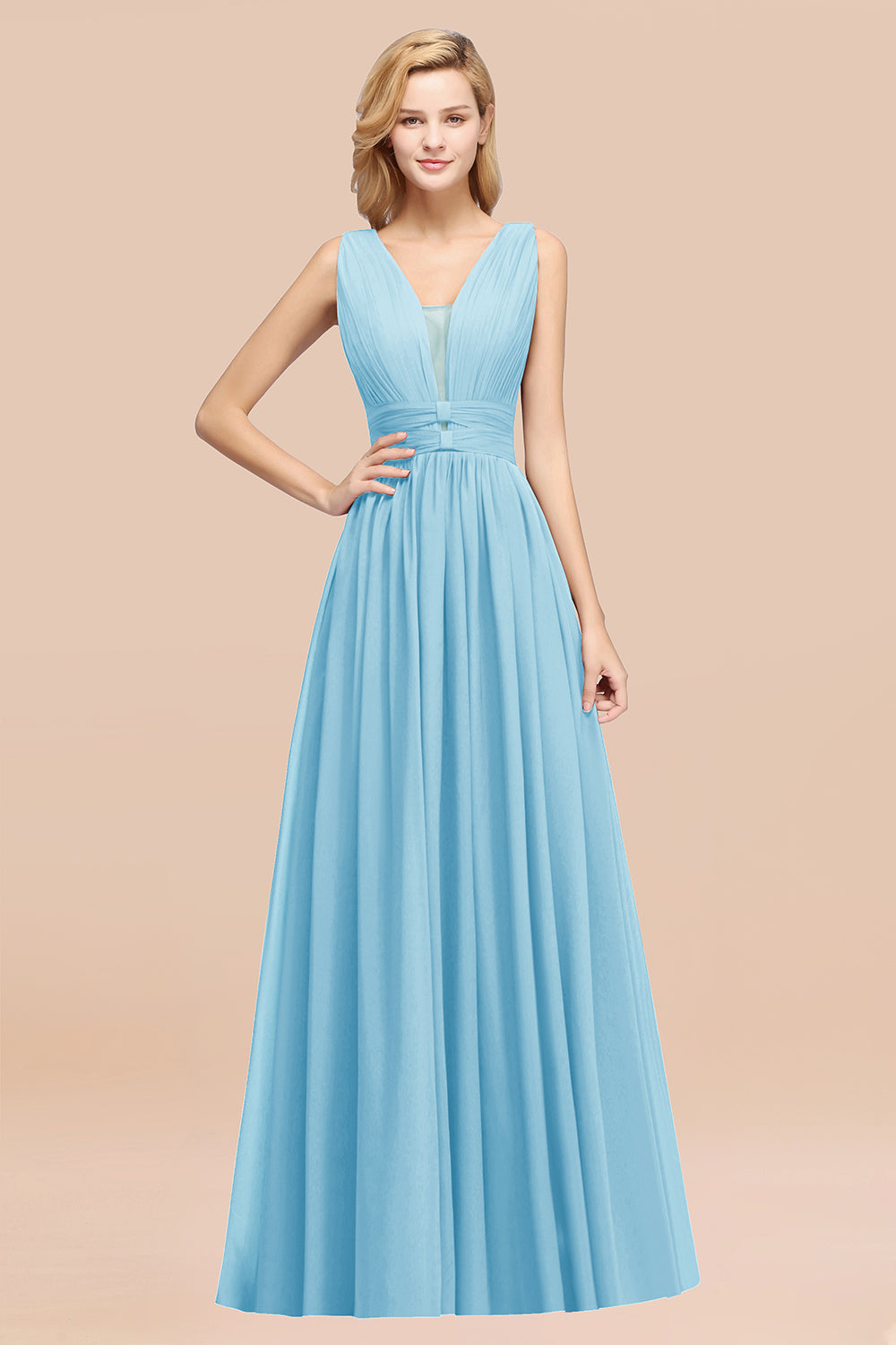 Modest Dark Green Long Bridesmaid Dress Deep V-Neck Chiffon Maid of Honor Dress-Babyonlines