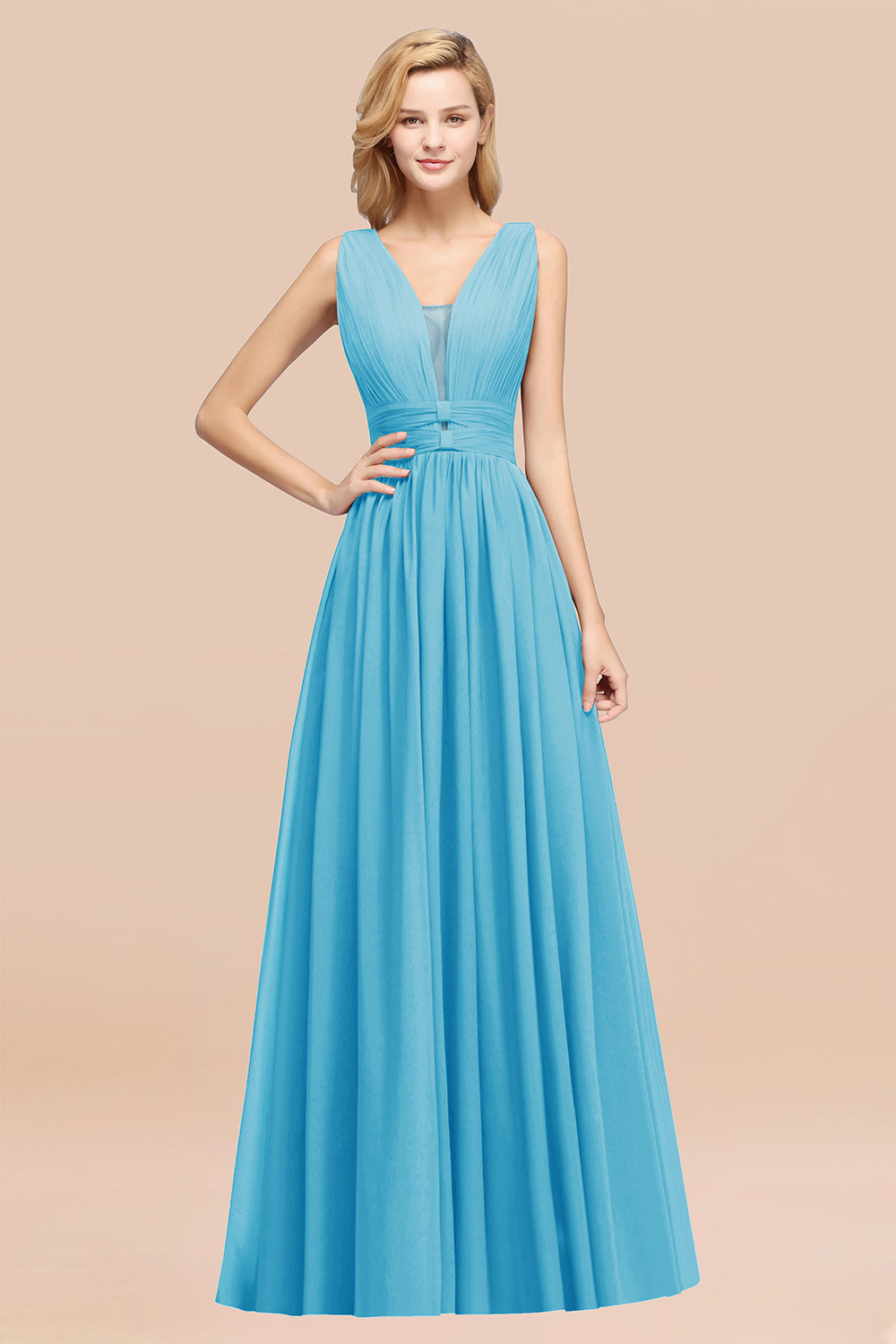Modest Dark Green Long Bridesmaid Dress Deep V-Neck Chiffon Maid of Honor Dress-Babyonlines