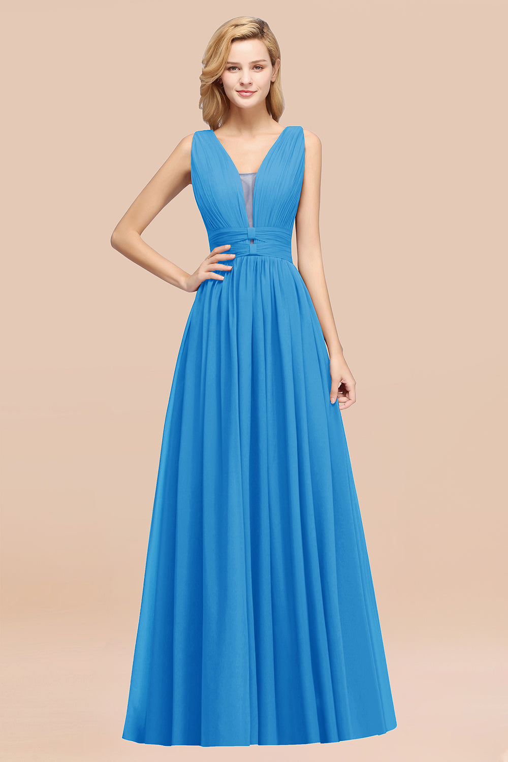 Modest Dark Green Long Bridesmaid Dress Deep V-Neck Chiffon Maid of Honor Dress-Babyonlines