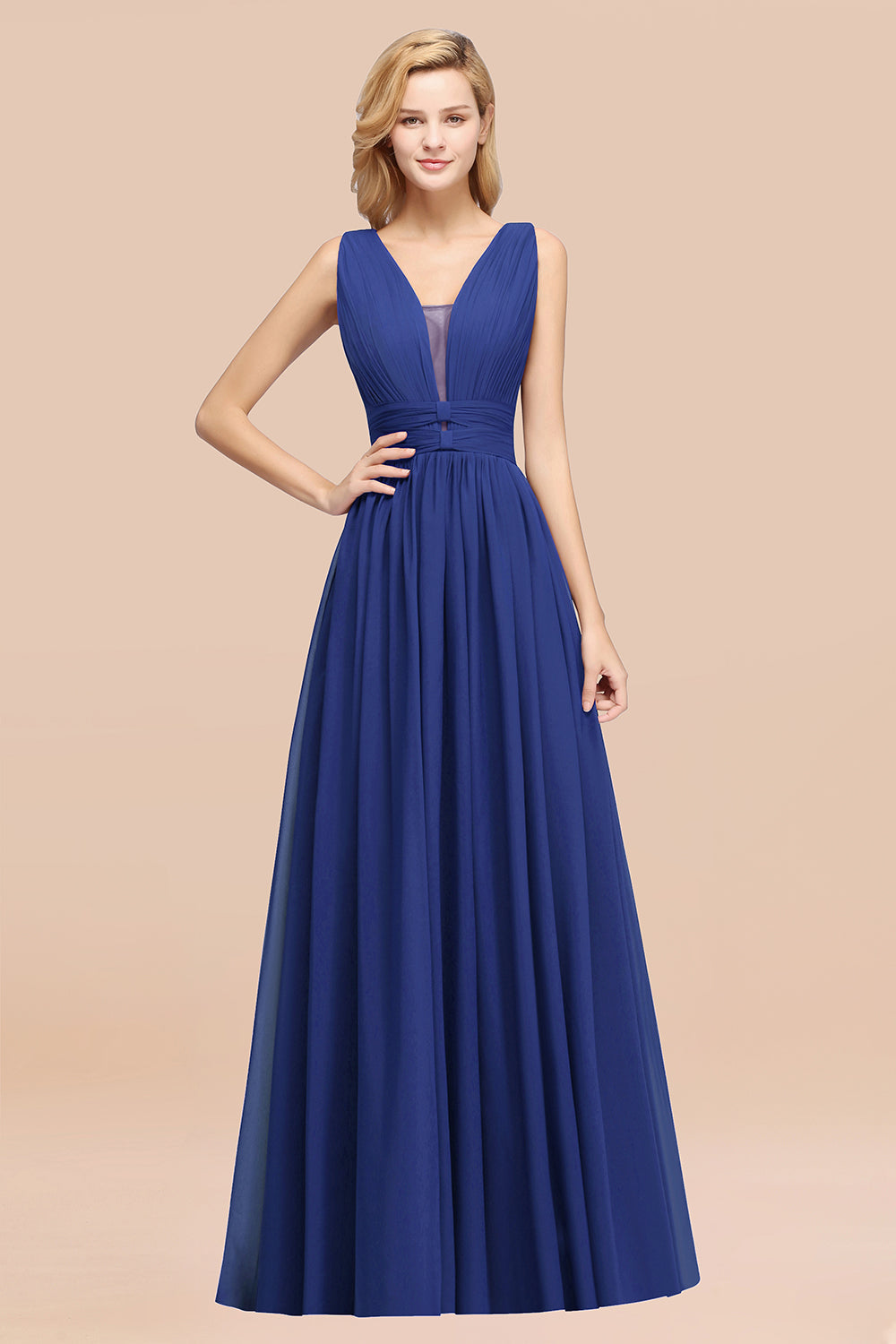 Modest Dark Green Long Bridesmaid Dress Deep V-Neck Chiffon Maid of Honor Dress-Babyonlines