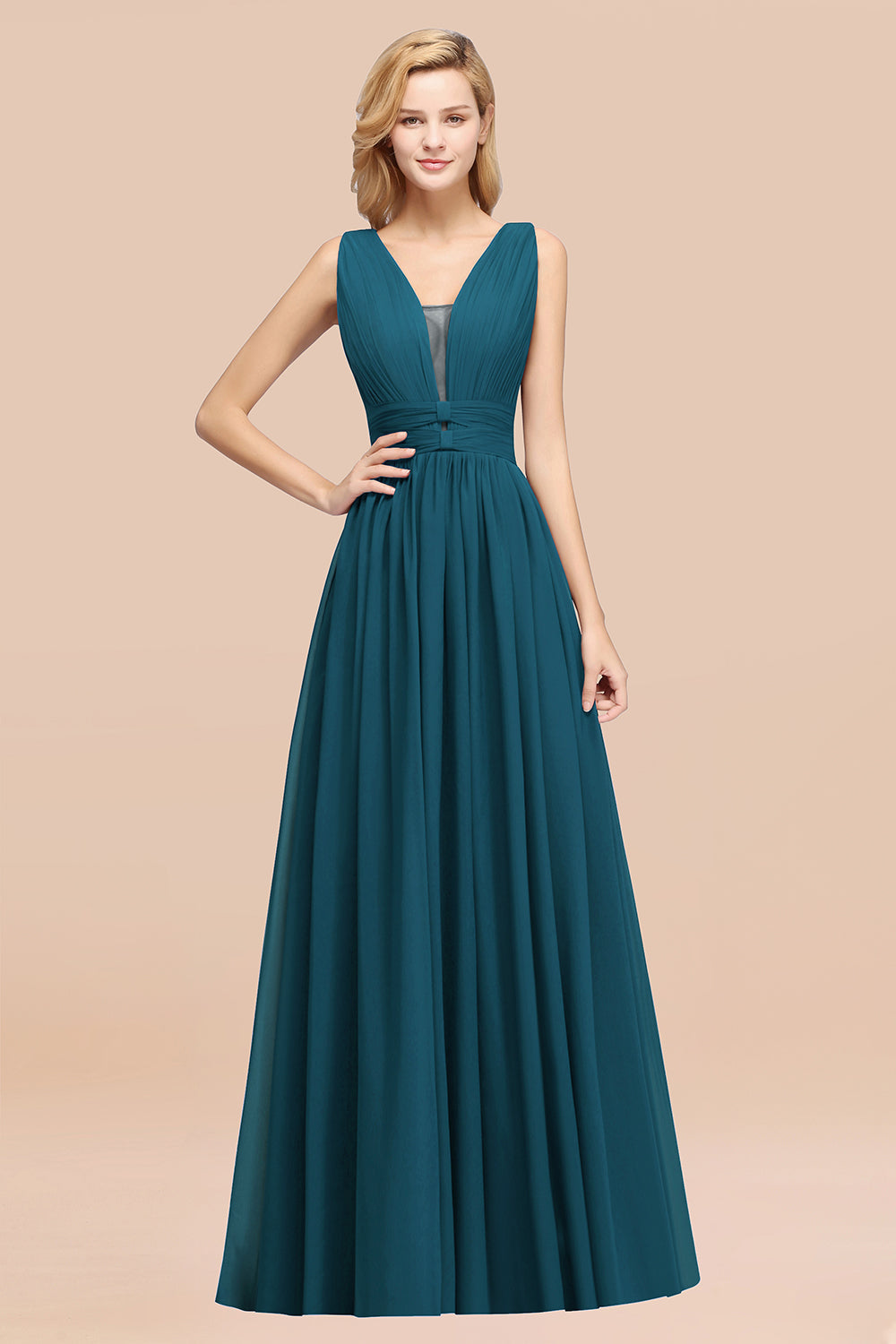 Modest Dark Green Long Bridesmaid Dress Deep V-Neck Chiffon Maid of Honor Dress-Babyonlines