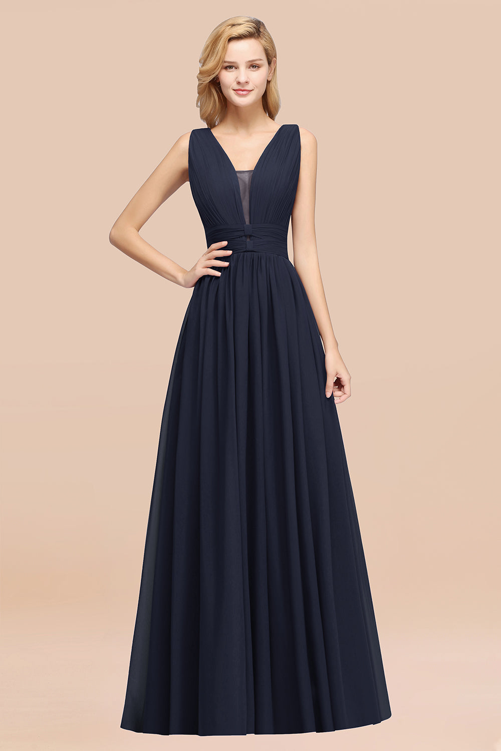 Modest Dark Green Long Bridesmaid Dress Deep V-Neck Chiffon Maid of Honor Dress-Babyonlines