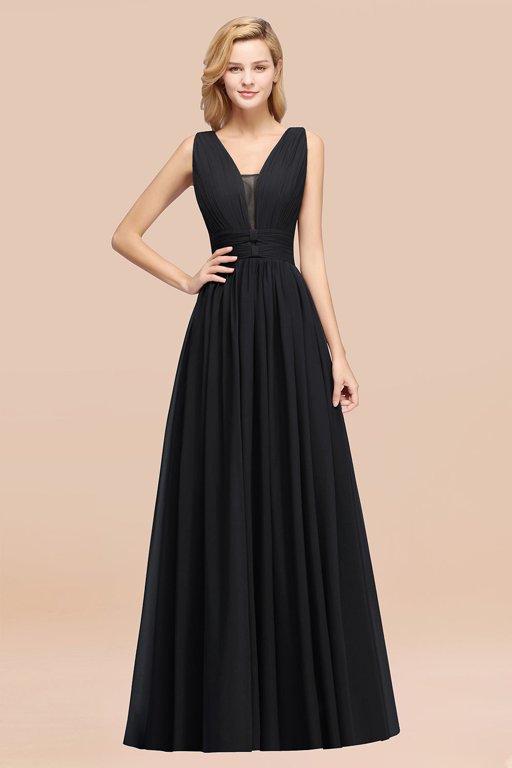 Modest Dark Green Long Bridesmaid Dress Deep V-Neck Chiffon Maid of Honor Dress-Babyonlines