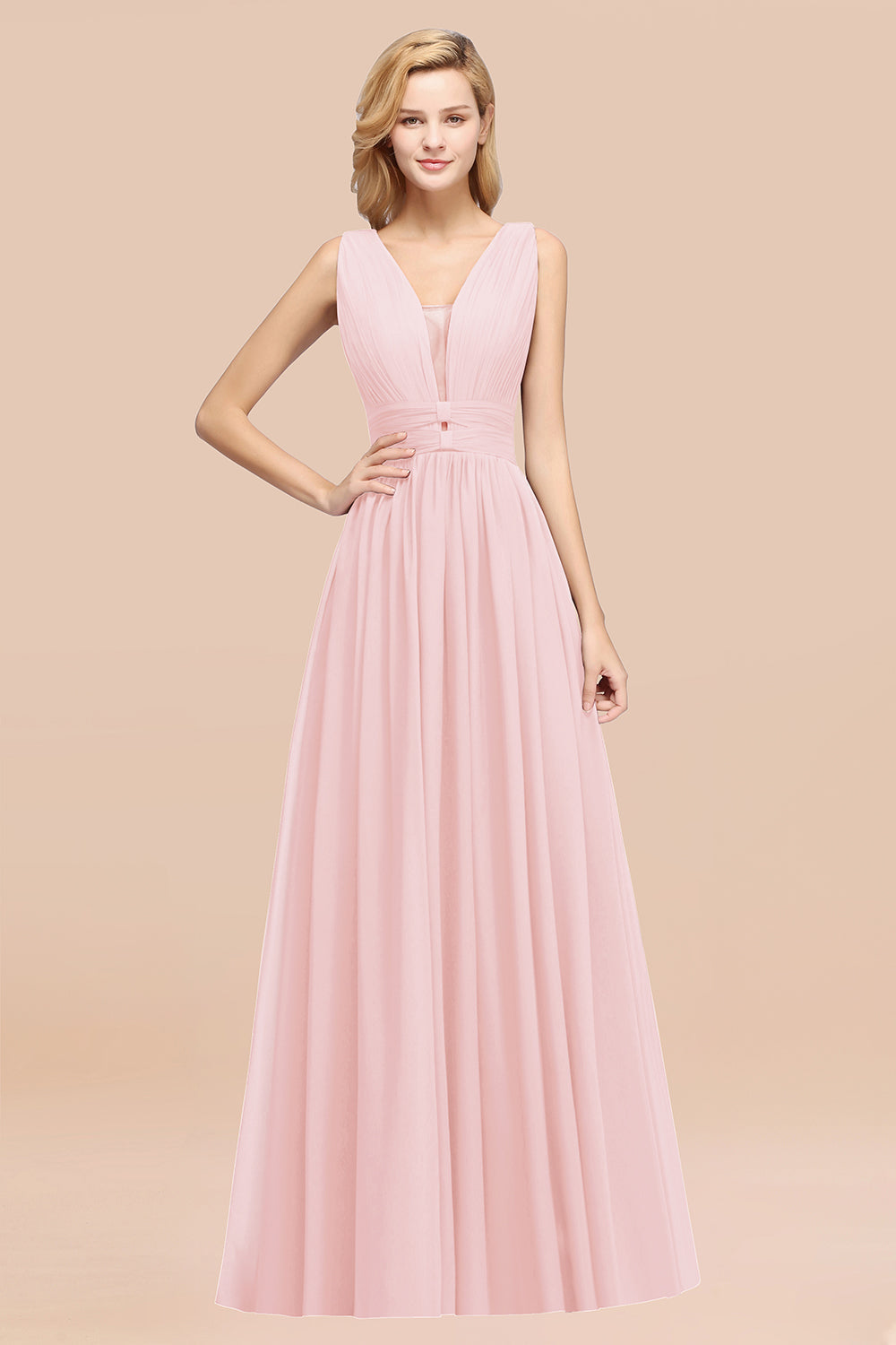 Modest Dark Green Long Bridesmaid Dress Deep V-Neck Chiffon Maid of Honor Dress-Babyonlines