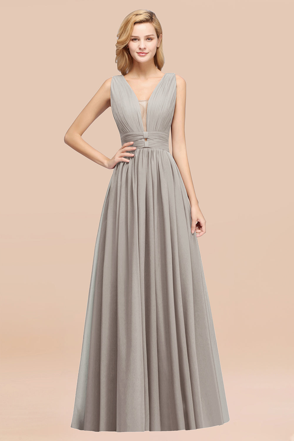 Modest Dark Green Long Bridesmaid Dress Deep V-Neck Chiffon Maid of Honor Dress-Babyonlines