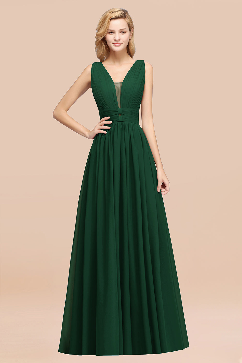 Modest Dark Green Long Bridesmaid Dress Deep V-Neck Chiffon Maid of Honor Dress-Babyonlines