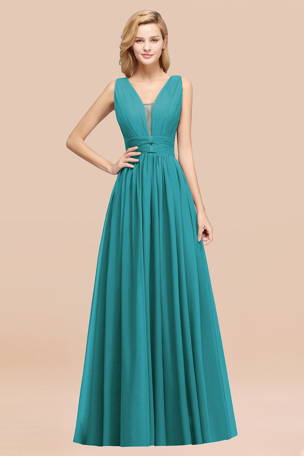 Modest Dark Green Long Bridesmaid Dress Deep V-Neck Chiffon Maid of Honor Dress-Babyonlines