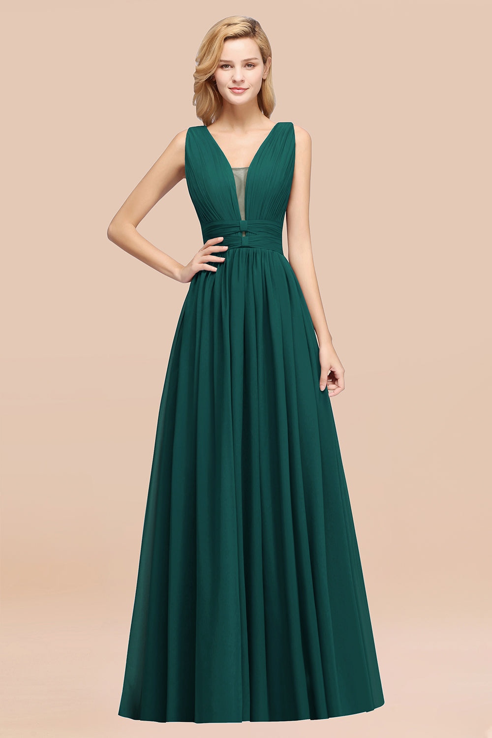 Modest Dark Green Long Bridesmaid Dress Deep V-Neck Chiffon Maid of Honor Dress-Babyonlines