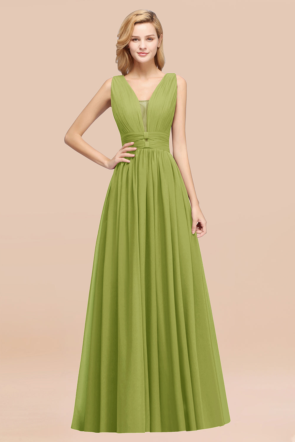 Modest Dark Green Long Bridesmaid Dress Deep V-Neck Chiffon Maid of Honor Dress-Babyonlines