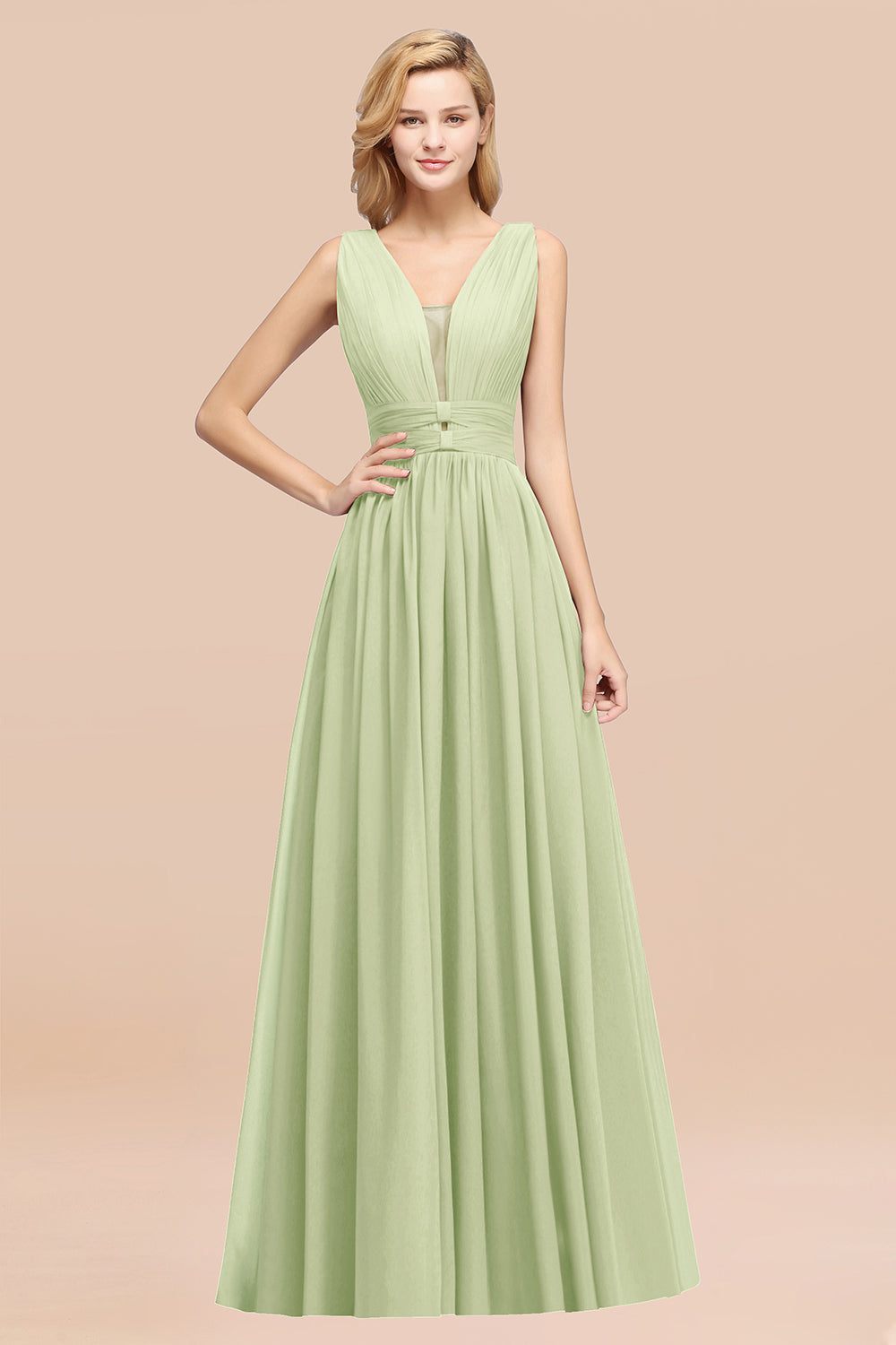 Modest Dark Green Long Bridesmaid Dress Deep V-Neck Chiffon Maid of Honor Dress-Babyonlines