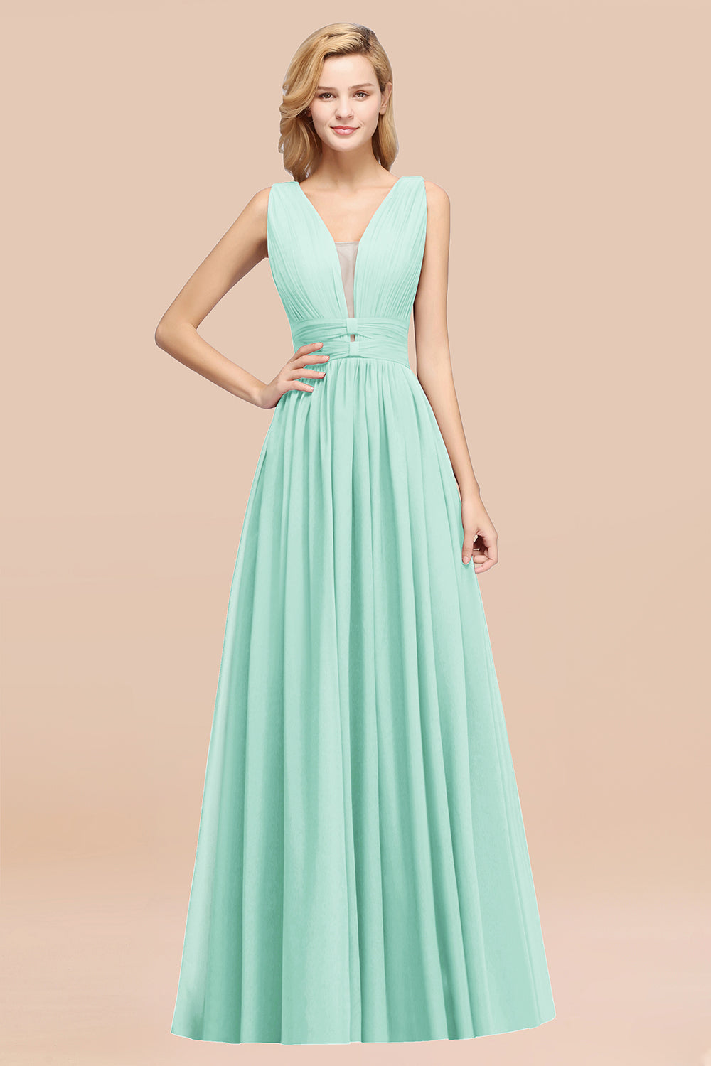 Modest Dark Green Long Bridesmaid Dress Deep V-Neck Chiffon Maid of Honor Dress-Babyonlines