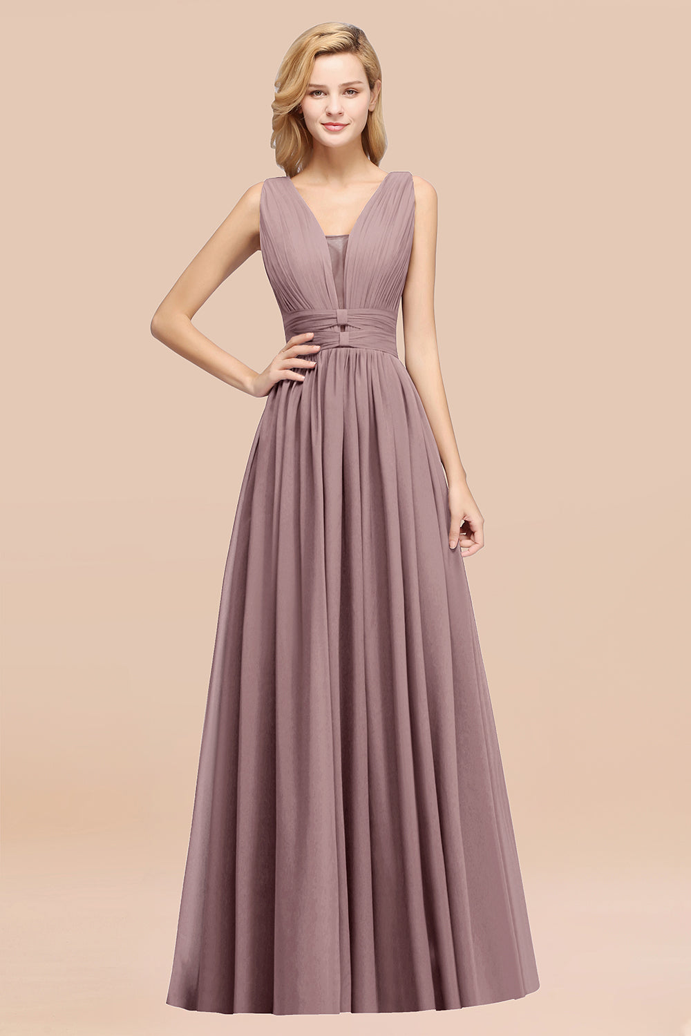 Modest Dark Green Long Bridesmaid Dress Deep V-Neck Chiffon Maid of Honor Dress-Babyonlines