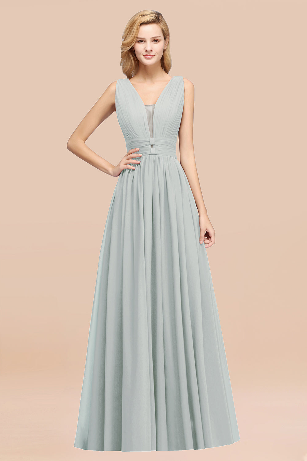 Modest Dark Green Long Bridesmaid Dress Deep V-Neck Chiffon Maid of Honor Dress-Babyonlines