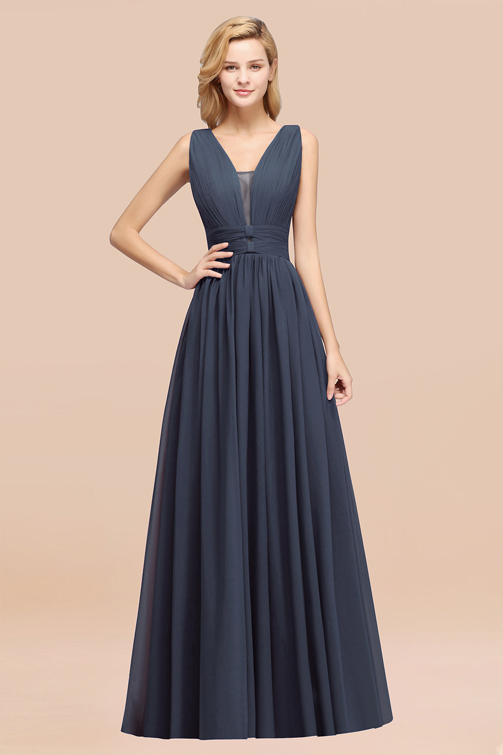 Modest Dark Green Long Bridesmaid Dress Deep V-Neck Chiffon Maid of Honor Dress-Babyonlines