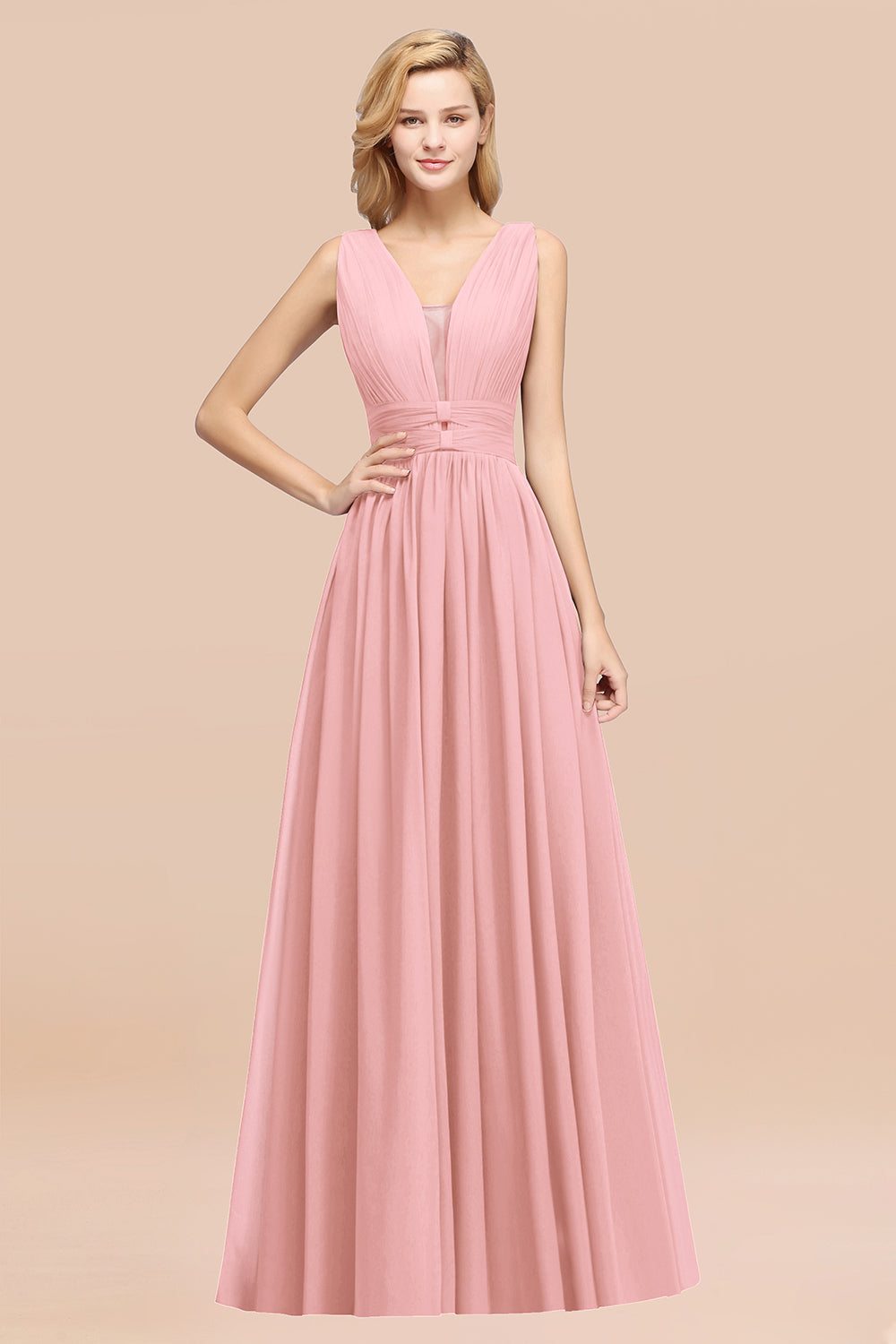 Modest Dark Green Long Bridesmaid Dress Deep V-Neck Chiffon Maid of Honor Dress-Babyonlines
