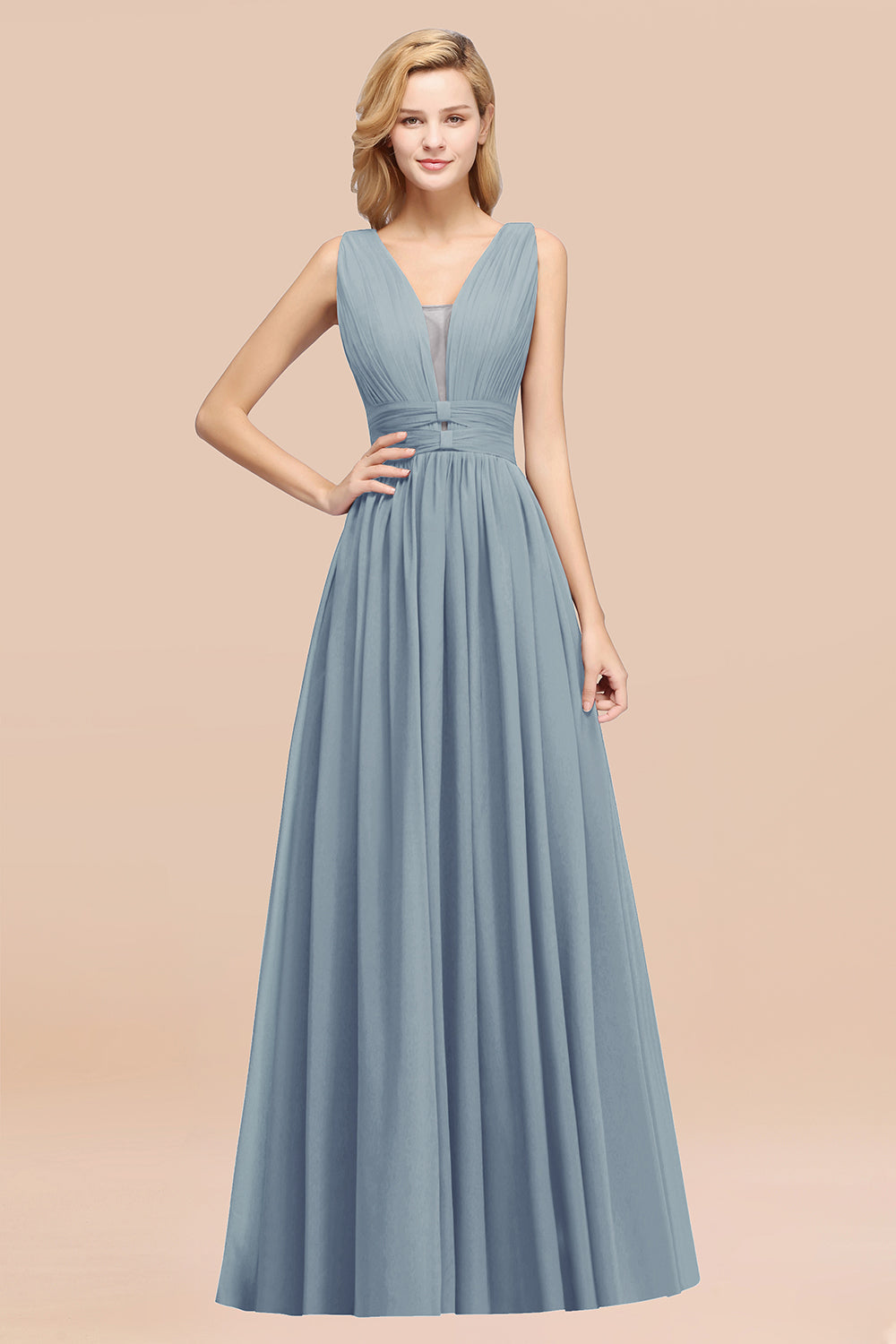 Modest Dark Green Long Bridesmaid Dress Deep V-Neck Chiffon Maid of Honor Dress-Babyonlines