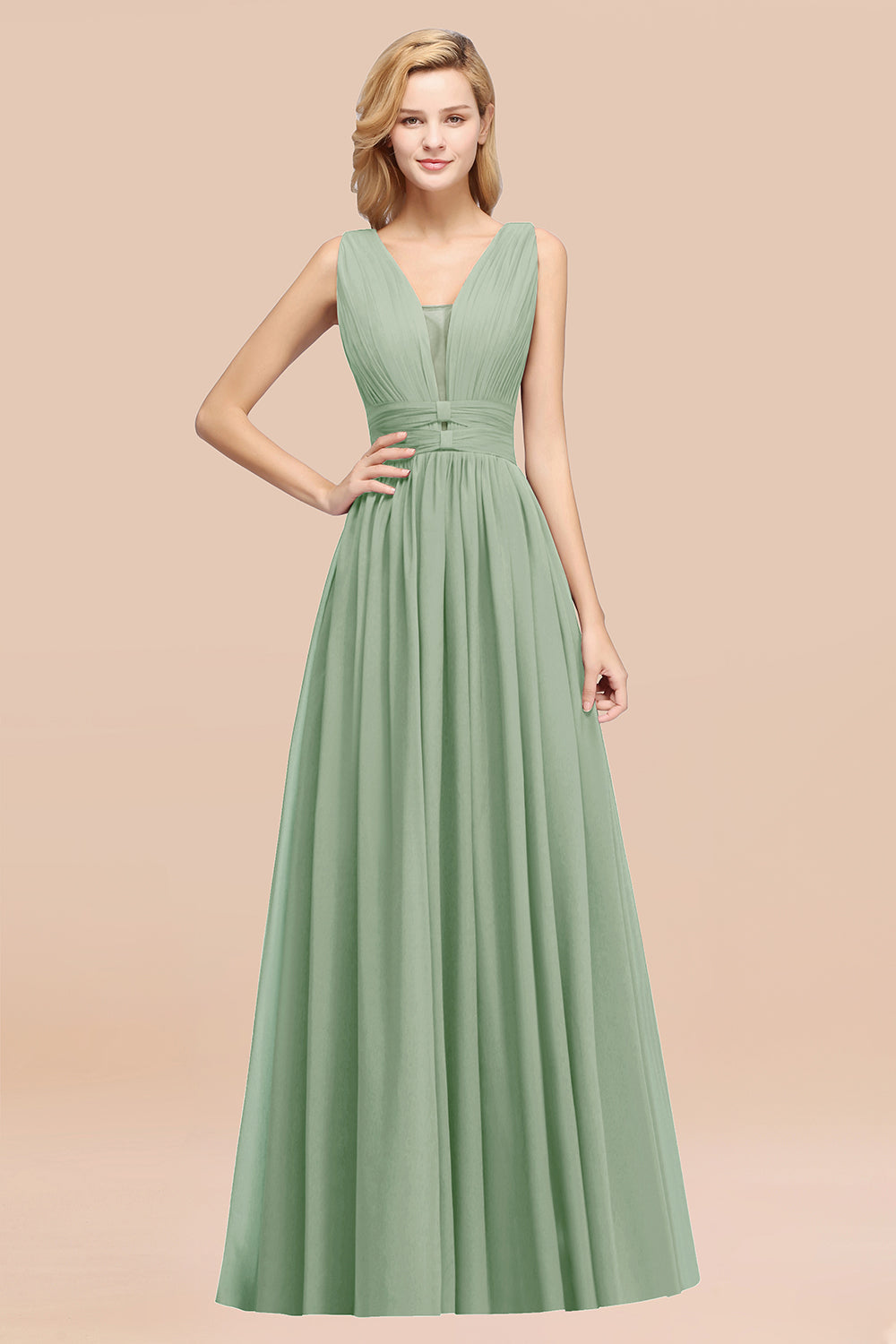 Modest Dark Green Long Bridesmaid Dress Deep V-Neck Chiffon Maid of Honor Dress-Babyonlines