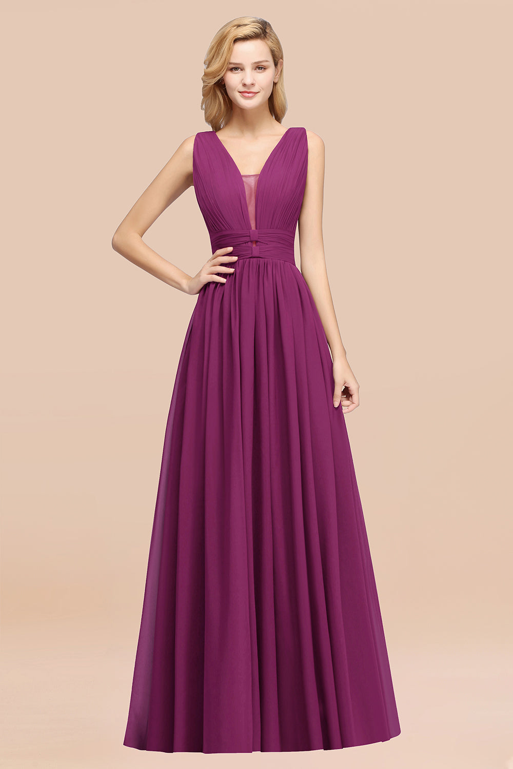 Modest Dark Green Long Bridesmaid Dress Deep V-Neck Chiffon Maid of Honor Dress-Babyonlines
