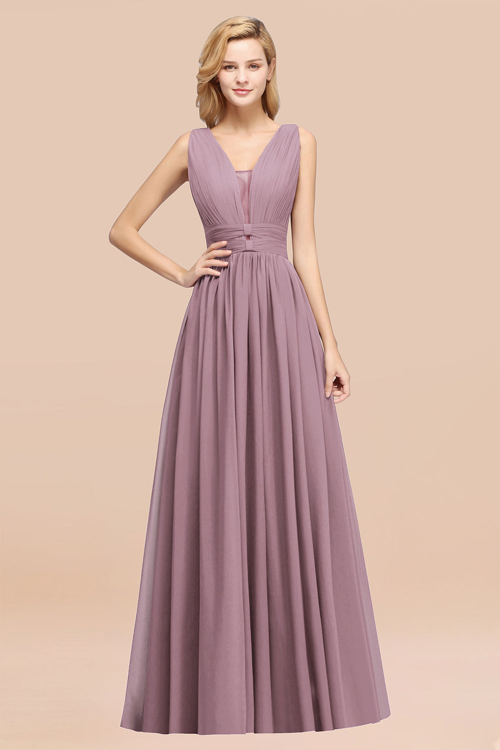 Modest Dark Green Long Bridesmaid Dress Deep V-Neck Chiffon Maid of Honor Dress-Babyonlines