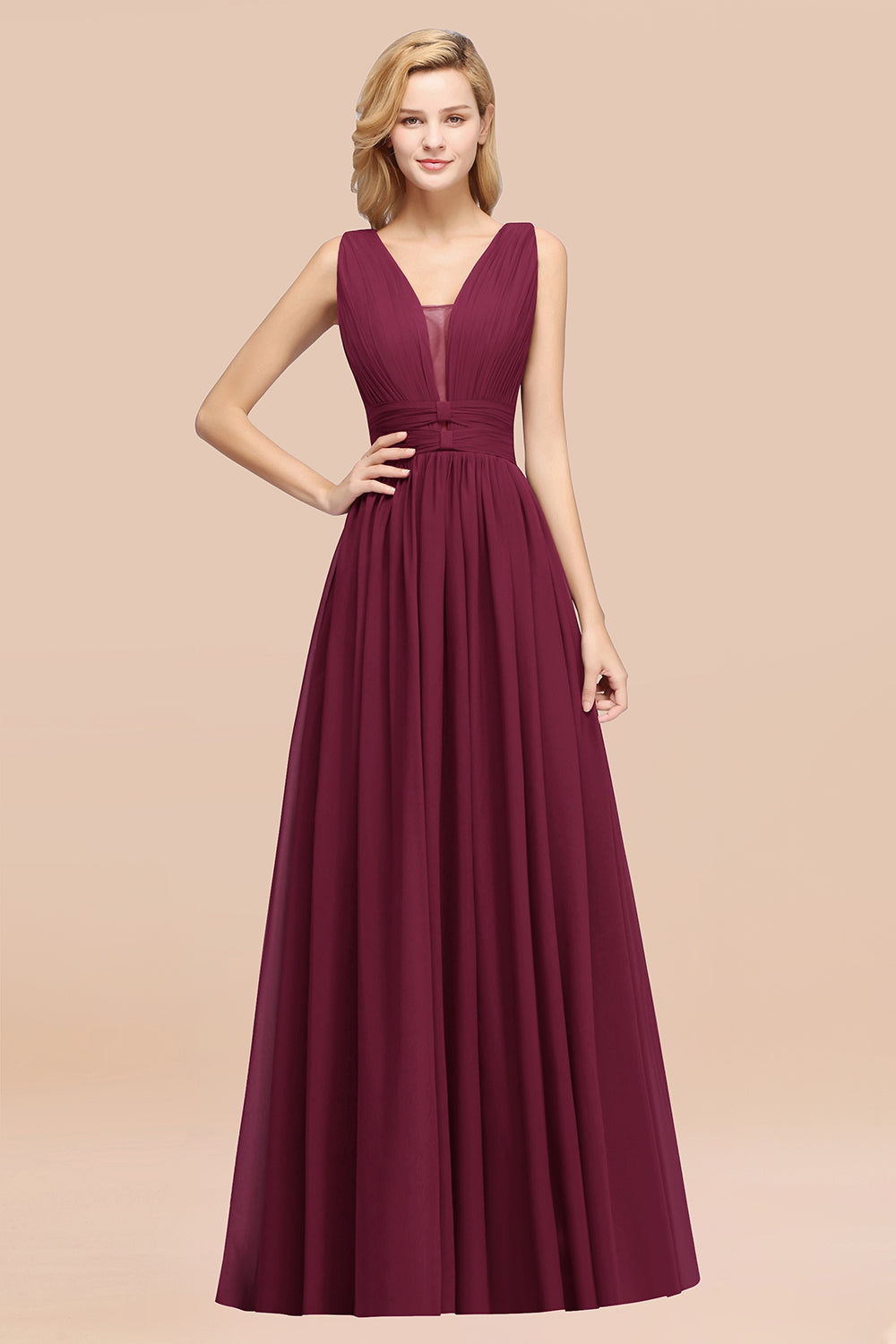 Modest Dark Green Long Bridesmaid Dress Deep V-Neck Chiffon Maid of Honor Dress-Babyonlines