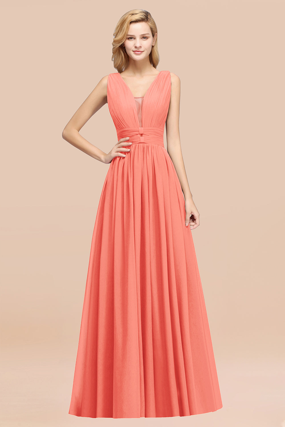 Modest Dark Green Long Bridesmaid Dress Deep V-Neck Chiffon Maid of Honor Dress-Babyonlines