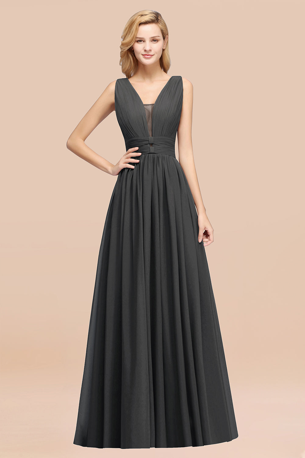 Modest Dark Green Long Bridesmaid Dress Deep V-Neck Chiffon Maid of Honor Dress-Babyonlines
