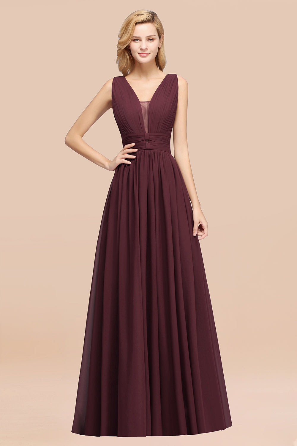 Modest Dark Green Long Bridesmaid Dress Deep V-Neck Chiffon Maid of Honor Dress-Babyonlines