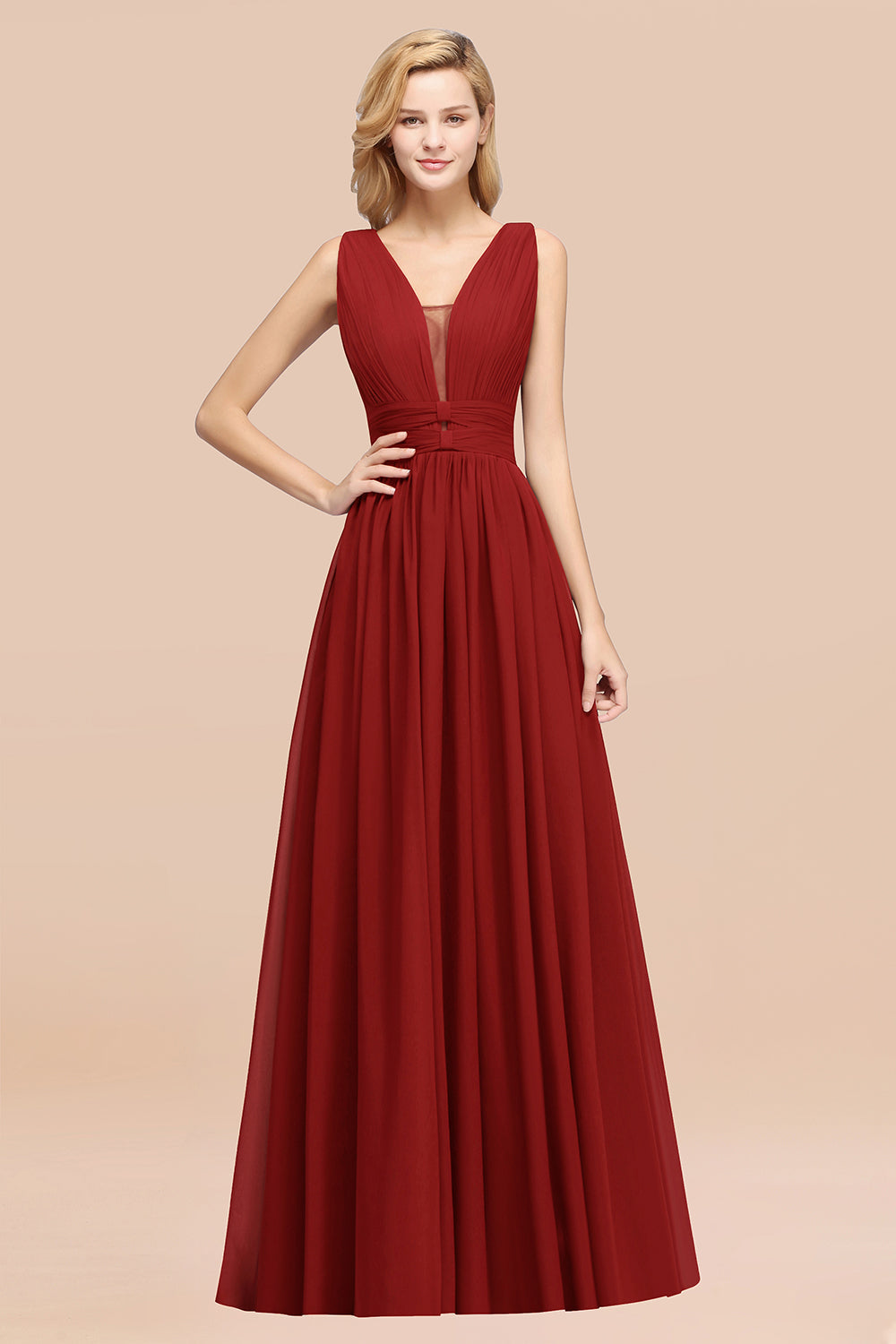 Modest Dark Green Long Bridesmaid Dress Deep V-Neck Chiffon Maid of Honor Dress-Babyonlines