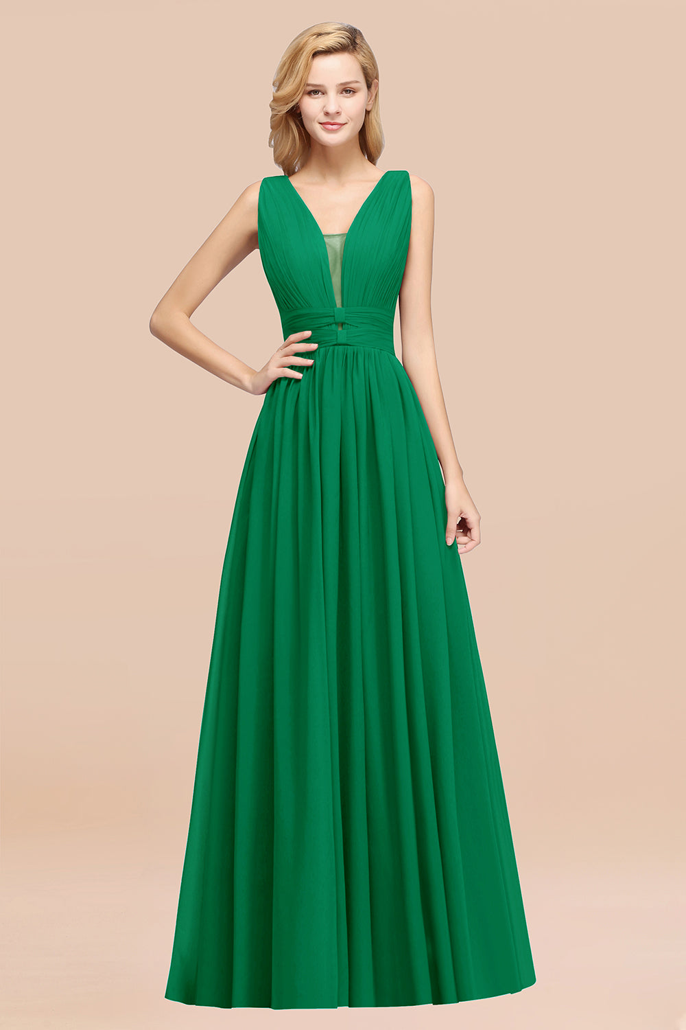 Modest Dark Green Long Bridesmaid Dress Deep V-Neck Chiffon Maid of Honor Dress-Babyonlines