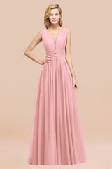 Modest Dark Green Long Bridesmaid Dress Deep V-Neck Chiffon Maid of Honor Dress-Babyonlines
