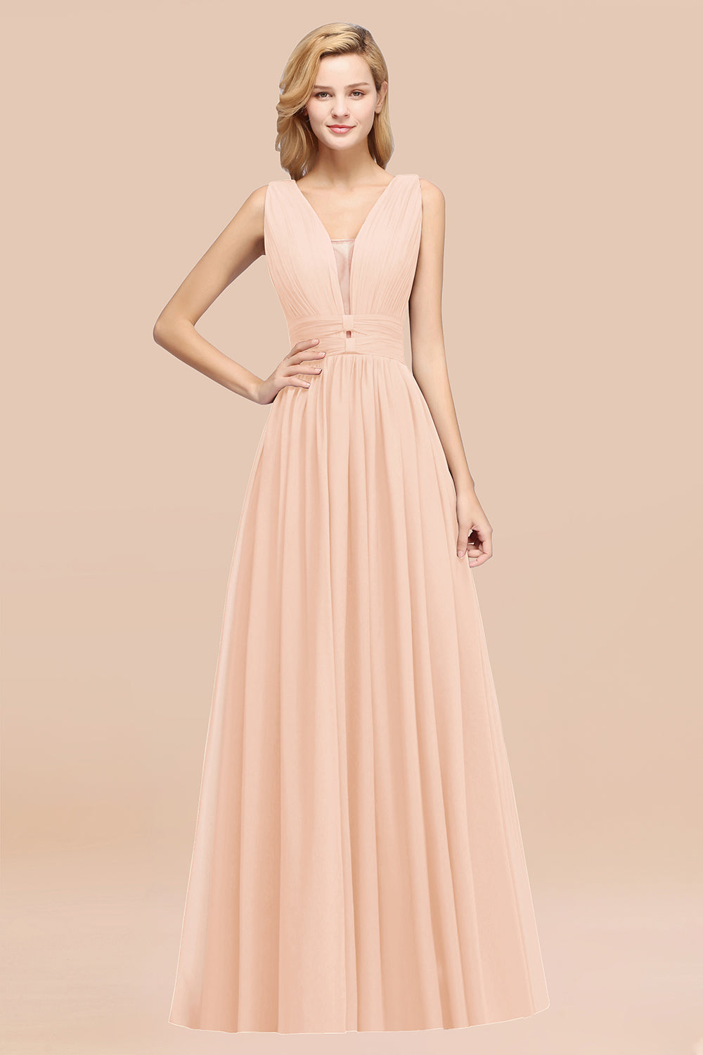Modest Dark Green Long Bridesmaid Dress Deep V-Neck Chiffon Maid of Honor Dress-Babyonlines