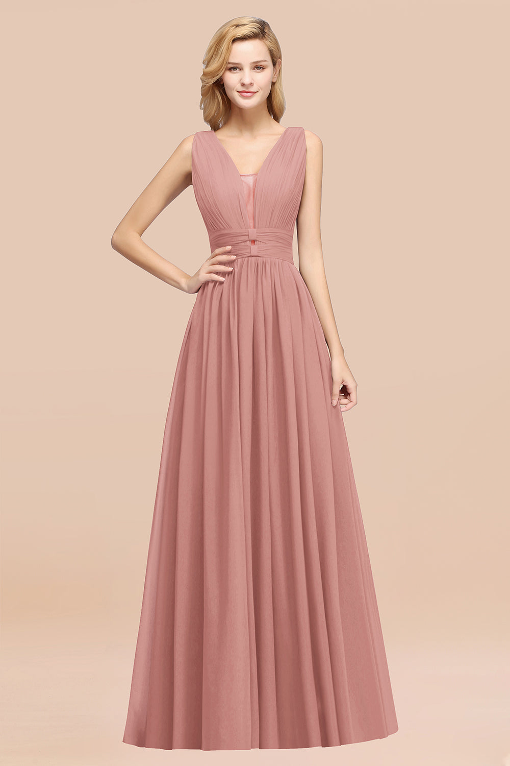 Modest Dark Green Long Bridesmaid Dress Deep V-Neck Chiffon Maid of Honor Dress-Babyonlines