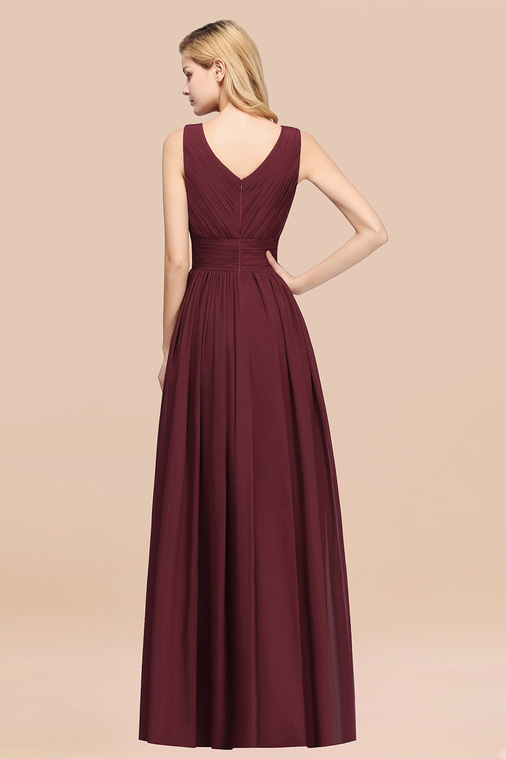 Modest Dark Green Long Bridesmaid Dress Deep V-Neck Chiffon Maid of Honor Dress-Babyonlines