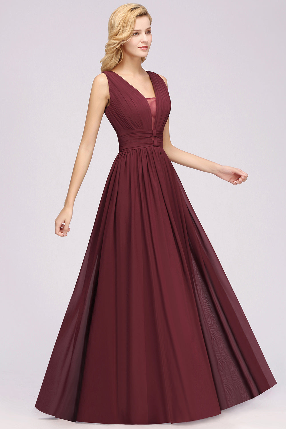 Modest Dark Green Long Bridesmaid Dress Deep V-Neck Chiffon Maid of Honor Dress-Babyonlines
