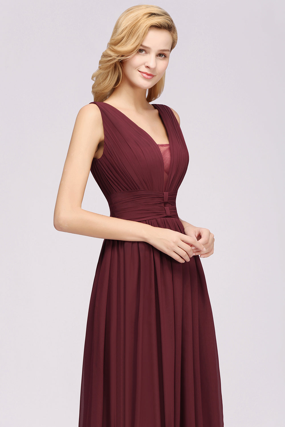 Modest Dark Green Long Bridesmaid Dress Deep V-Neck Chiffon Maid of Honor Dress-Babyonlines